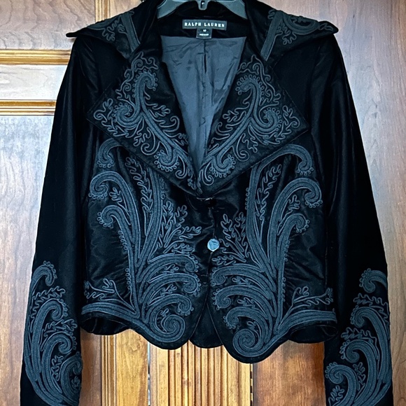 Ralph Lauren Black Label Black Velvet Embroidered Blazer, Size 10 - Picture 2 of 16